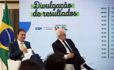 Brasília (DF), 09/04/2025 - O ministro da Educação, Camilo Santana, e o presidente do Instituto Nacional de Estudos e Pesquisas Educacionais Anísio Teixeira - Inep Manuel Fernando Palacios da Cunha e Melo, durante coletiva de imprensa para divulgação dos destaques do Censo Escolar 2024. Foto: José Cruz/Agência Brasil