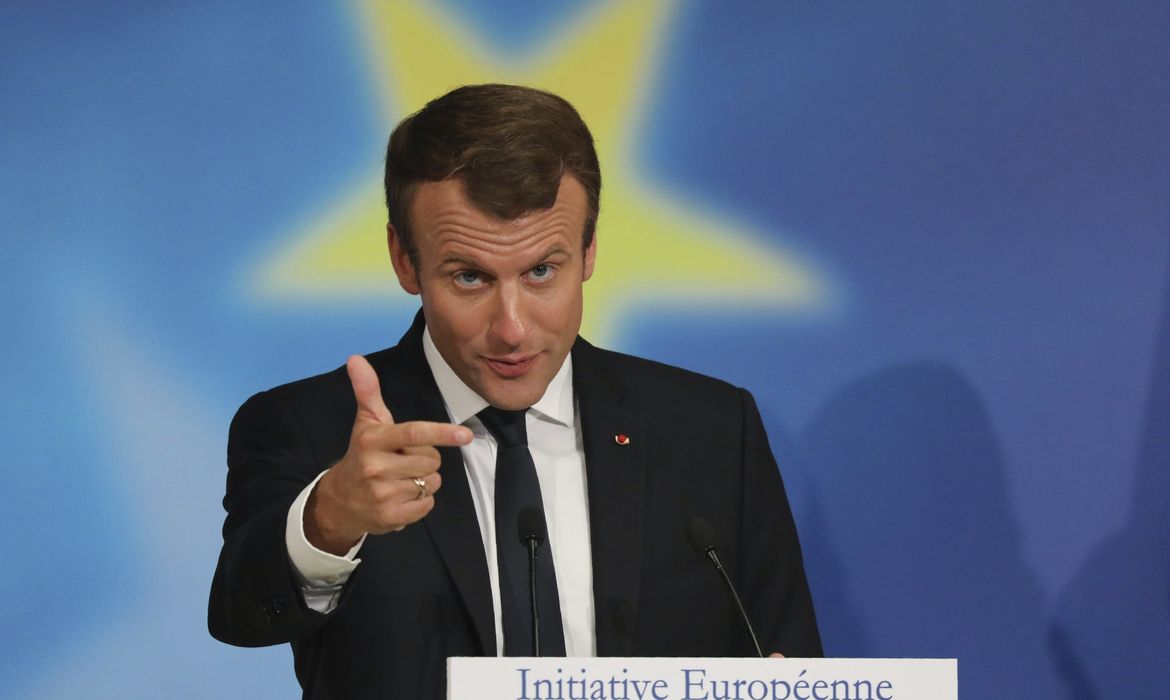 O presidente francês, Emmanuel Macron, durante o discurso em que propôs o fortalecimento das estruturas de segurança europeias
