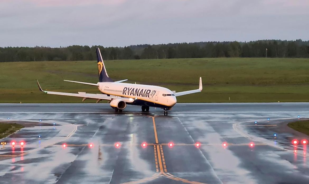 A Ryanair aircraft, which was diverted to Belarus, lands at Vilnius Airport in Vilnius