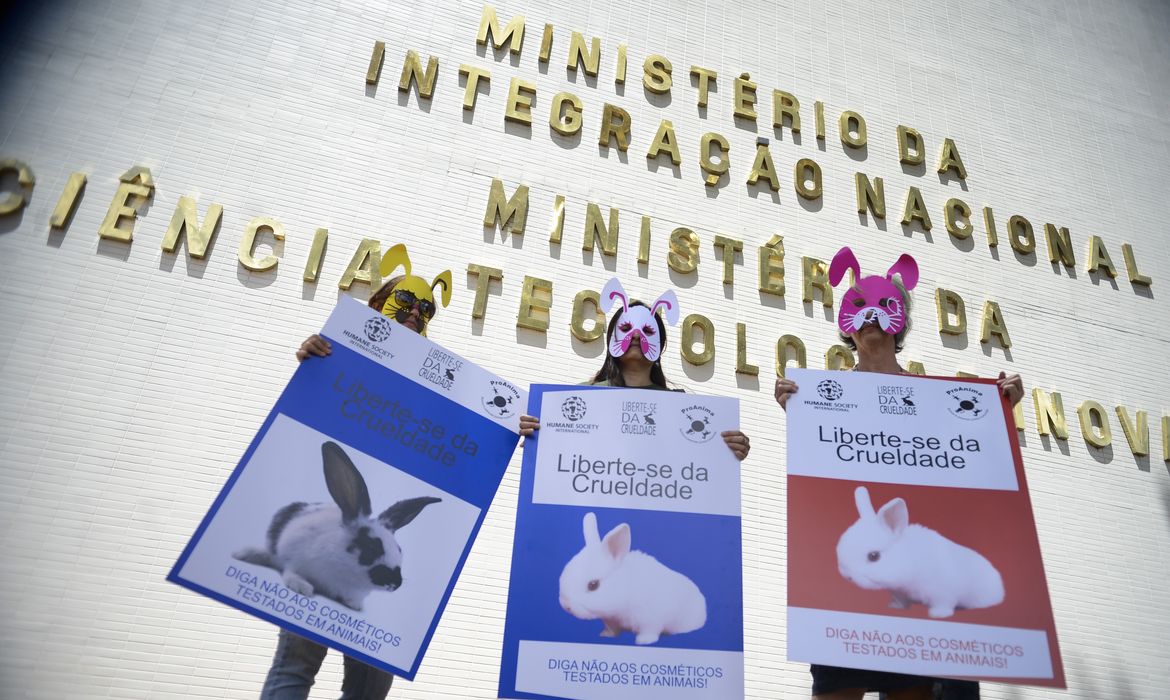 Brasília – Ativistas vestidos com máscaras de animais e fantasias fazem protesto em frente ao Ministério de Ciência e Tecnologia pedindo a proibição de testes em animais (Marcelo Camargo/Agência Brasil)
