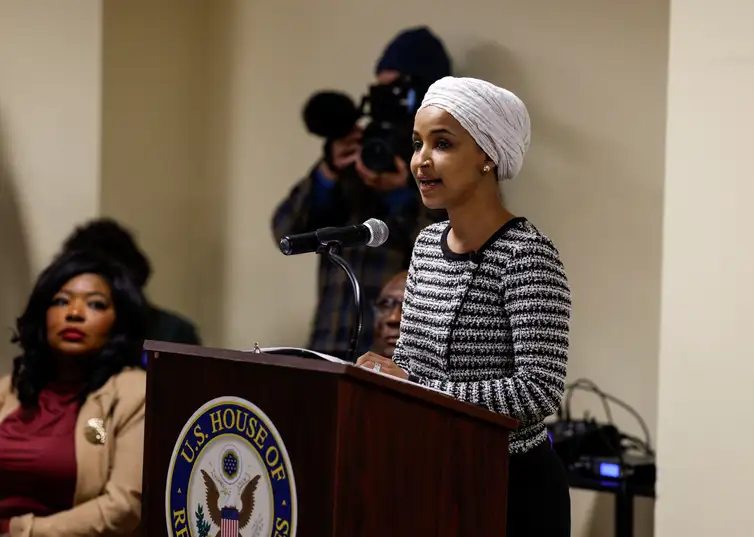 U.S. Rep. Ilhan Omar speaks during a town hall meeting, days after a man identified as Alex Pretti was fatally shot by federal immigration agents trying to detain him, in Minneapolis, Minnesota, U.S., January 27, 2026. REUTERS/Maria Alejandra Cardona