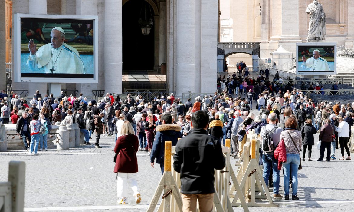 Pope Francis delivers his weekly Angelus prayer via video, in Vatican