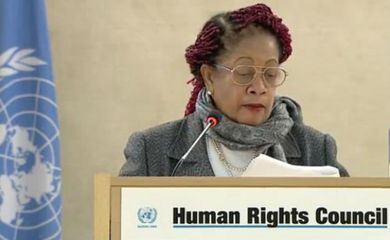 A ministra de Direitos Humanos do Brasil, Luislinda Valois, durante discurso na 34ª sessão do Conselho de Direitos Humanos das Nações Unidas, em Genebra, na Suíça