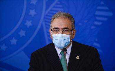 O ministro da Saúde, Marcelo Queiroga, durante entrevista coletiva após reunião do Comitê Nacional de Enfrentamento à Pandemia de Covid-19.