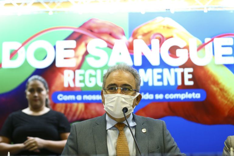 O ministro da Saúde, Marcelo Queiroga, durante o lançamento da campanha de doação de sangue no Dia Mundial do Doador de Sangue.