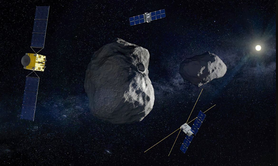 Brasília (DF) 12/03/2025 - Ilustração da missão Hera, da Agência Espacial Europeia, lançada para avaliar o impacto da missão DART da Nasa no asteroide Dimorphos.
Arte ESA