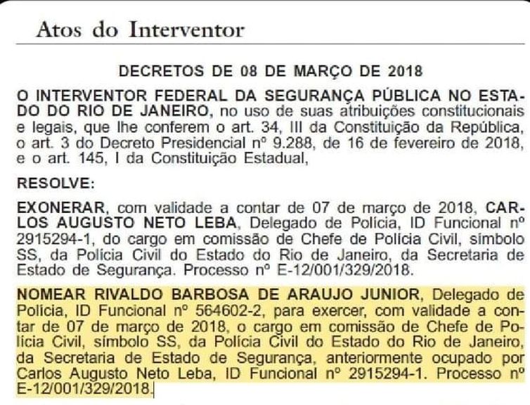 Nomeação do ex-chefe da Polícia Civil do RJ, Rivaldo Barbosa, em 2018. Reprodução D.O.