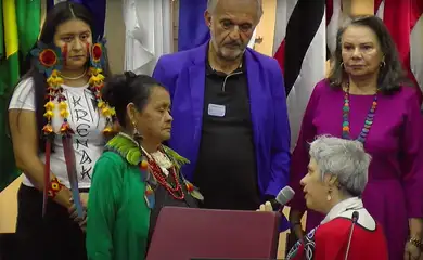 02/04/2024, A presidenta da Comissão, Enéa de Stutz e Almeida, pede desculpas de joelhos às comunidades krenak e guarani-kaiowá, durante 4ª Sessão Plenária de análise de requerimentos de anistia. Foto: Frame/MDHC/Youtube