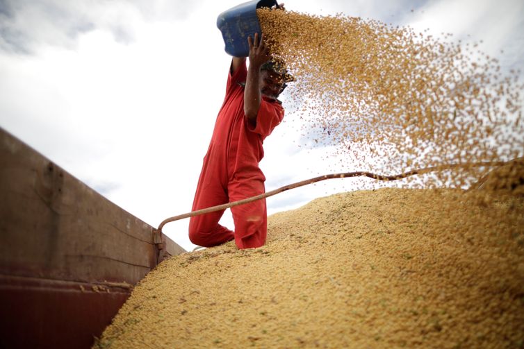 Trabalhador movimenta grãos de soja em Campos Lindos (TO)