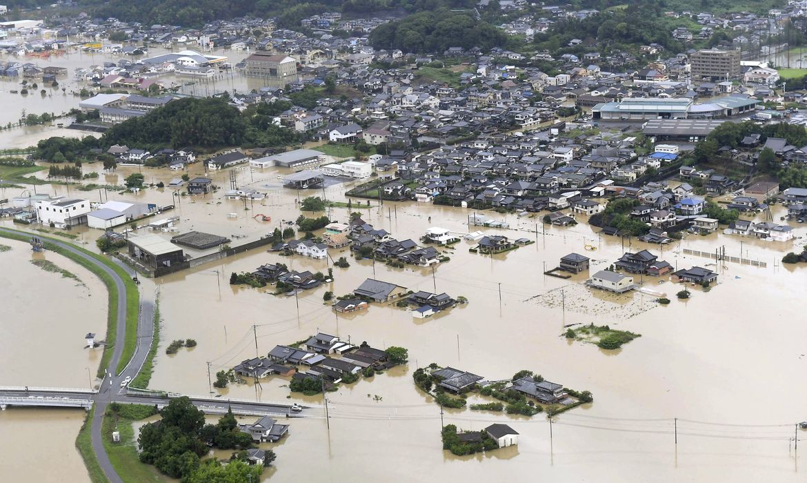 An aerial view shows submerged houses and facilities at a flooded area in Takeo, Saga prefecture, southern Japan August 28, 2019, in this photo taken by Kyodo. Mandatory credit Kyodo/via REUTERS ATTENTION EDITORS - THIS IMAGE WAS PROVIDED BY A