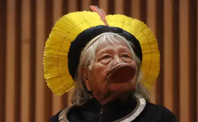 Rio de Janeiro (RJ) 06/06/2024 – O cacique Raoni Metuktire, líder indígena da etnia caiapó, participa da Semana do Meio Ambiente, no Museu do Amanhã. Foto: Fernando Frazão/Agência Brasil