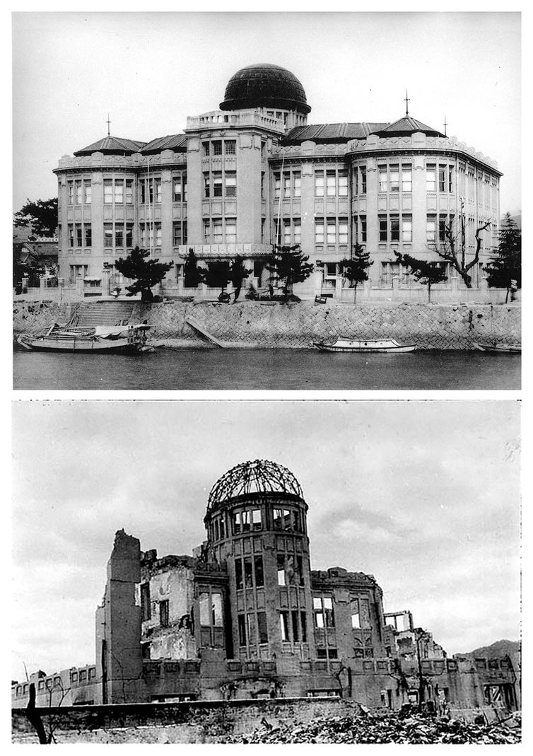 Doma de Hiroshima antes e depois da bomba atômica. 