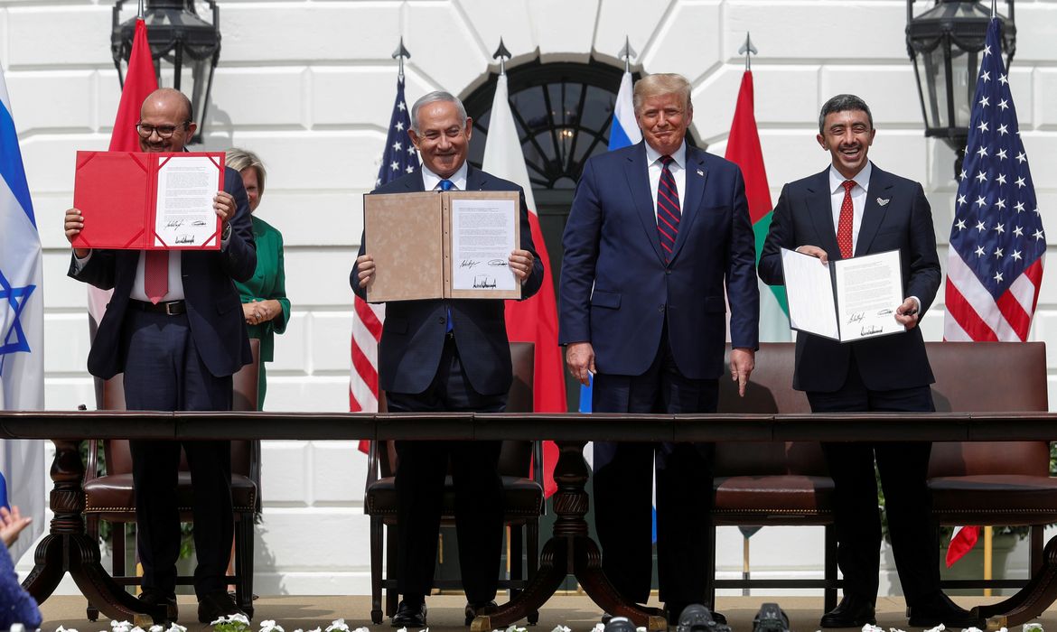 Presidente dos EUA, Donald Trump, recebe líderes para assinatura de acordos na Casa Branca. Barein, Emirados Árabes