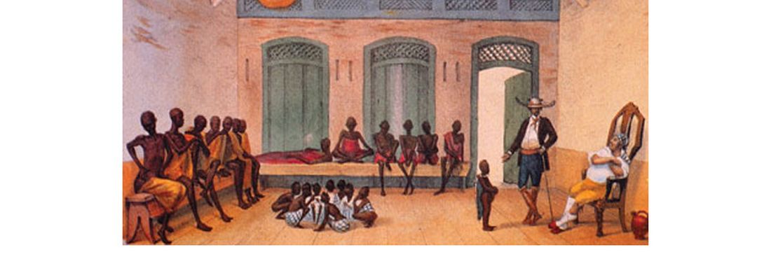 Na pintura Mercado na Rua do Valongo, o pintor francês Jean Baptiste Debret retrata o mercado de escravos no Rio de Janeiro