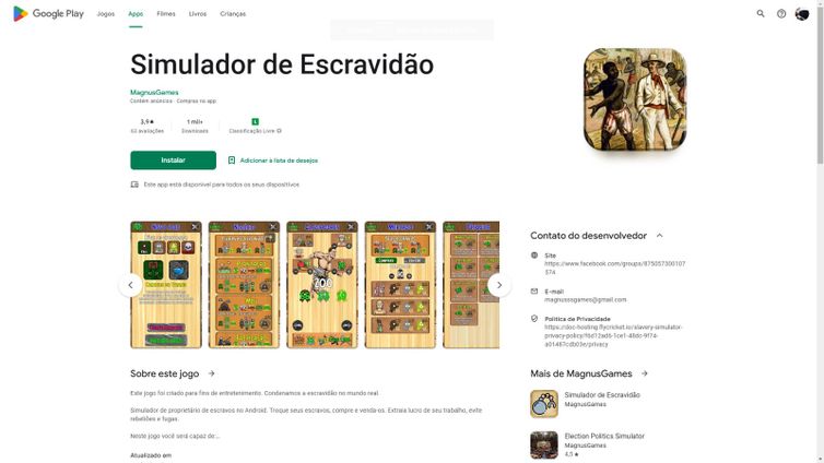 Sāo Paulo (SP) - Está disponível na plataforma do Google Play um jogo eletrônico em que o usuário é um “proprietário de escravos”. O jogador é estimulado obter “lucro” e contratar guardas para evitar rebeliões
Fonte Google Play/Divulgação