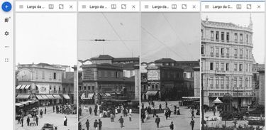 Quatro fotografias, tomadas por Marc Ferrez no Largo da Carioca, épocas diferentes, mostram a evolução de um edifício.