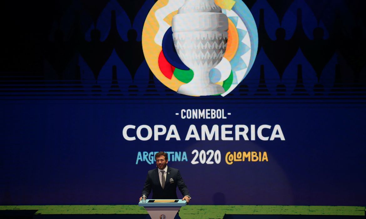 .Copa América, logo, Conmebol - Vista de cerimônia realizada pela Conmebol. 3/12/2019. 