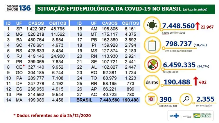 Situação epidemiológica da covid 19 no Brasil/25.12.2020