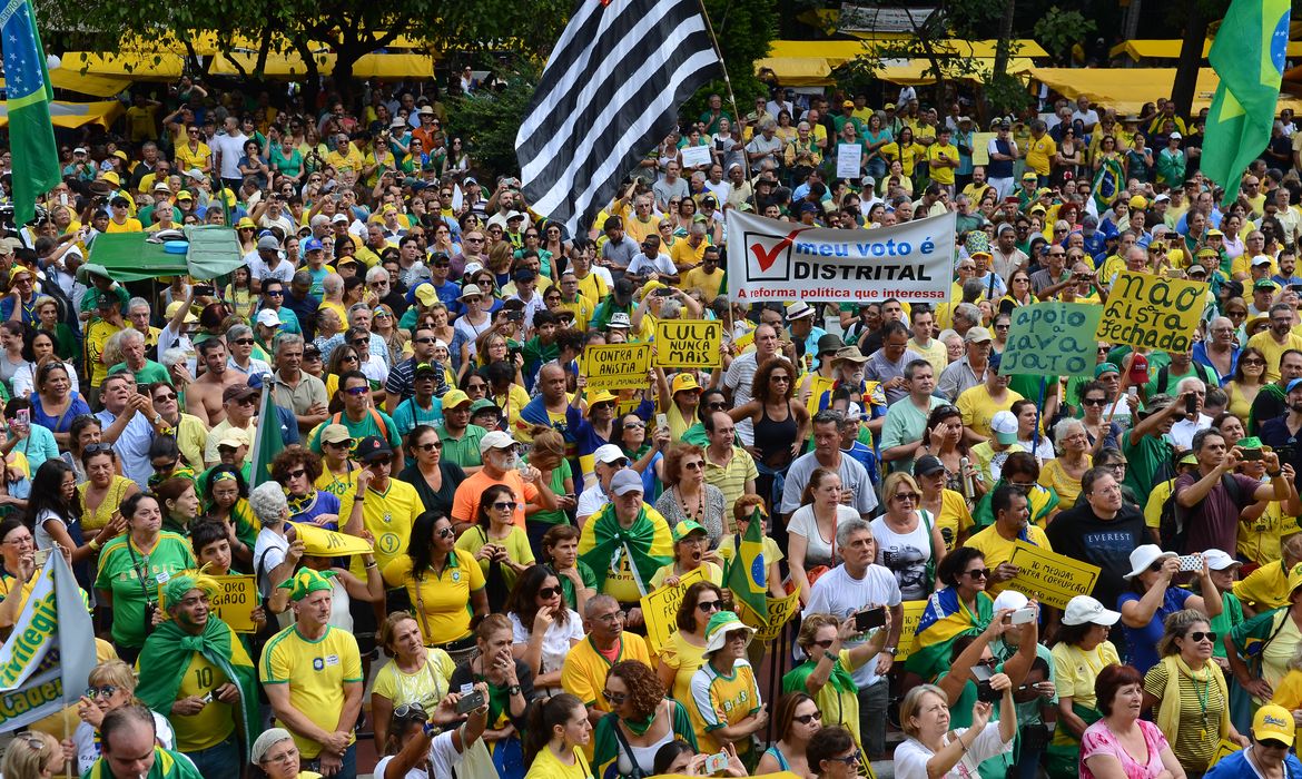 São Paulo - Movimentos sociais fazem manifestação em apoio à Lava Jato, pelo fim do foro privilegiado, contra o voto em lista fechada e contra o aumento do Fundo Partidário, na Avenida Paulista (Rovena Rosa/Agência Brasil)
