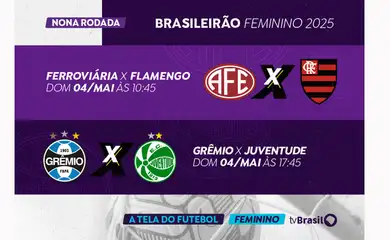 Brasília (DF), 30/04/2025 - A TV Brasil transmite dois jogos do Campeonato Brasileiro Feminino de Futebol, neste domingo (4). A jornada esportiva começa pela manhã, a partir das 10h45, quando a Ferroviária recebe o Flamengo na cidade de Araraquara (SP). Mais tarde, a partir das 17h45, Grêmio e Juventude enfrentam-se em Eldorado do Sul (RS). As partidas são válidas pela nona rodada da competição. Arte/Agência Brasil