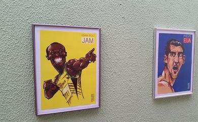 Entre os atletas retratados nas caricaturas estão o velocista jamaicano Usain Bolt, e o nadador norte-americano Michael Phelps