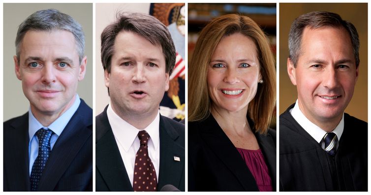  Os principais candidatos são os juízes de recursos federais Brett Kavanaugh, Raymond Kethledge, Amy Coney Barrett e Thomas Hardiman