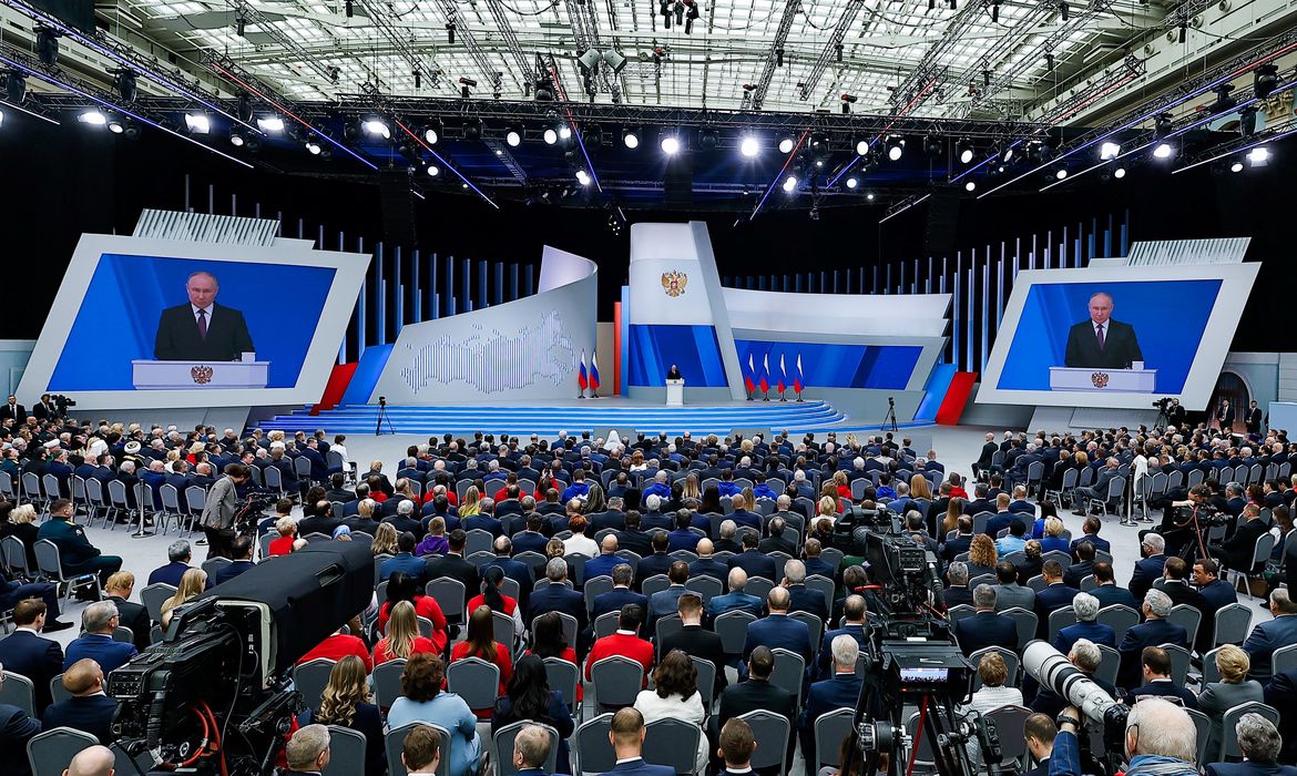 Putin durante discurso em Moscou
 29/2/2024   REUTERS/Evgenia Novozhenina