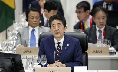 O primeiro-ministro do Japão, Shinzo Abe, durante a Primeira Sessão Plenária da Cúpula de Líderes do G20.