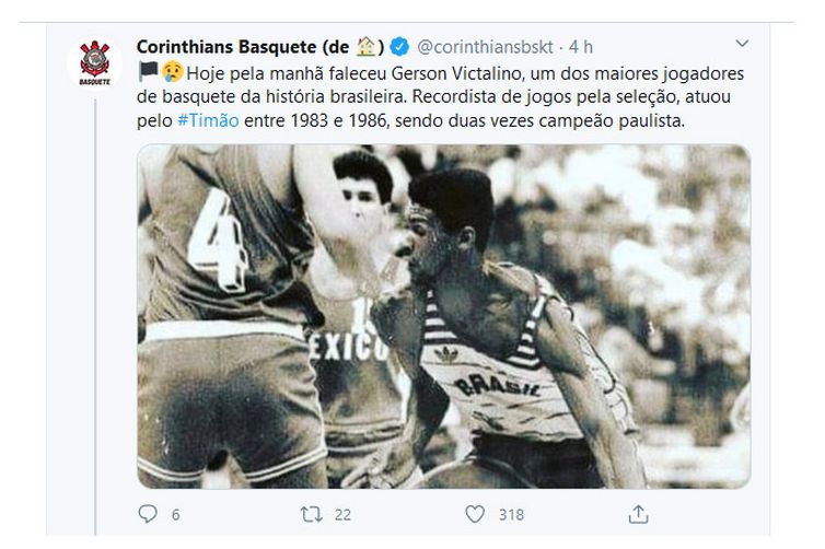 Corinthians/Twitter Hoje pela manhã faleceu Gerson Victalino