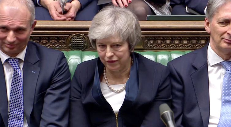 REFILE - QUALITY REPEAT  Prime Minister Theresa May sits down in Parliament after the vote on May's Brexit deal, in London, Britain, January 15, 2019 in this screengrab taken from video. Reuters TV via REUTERS