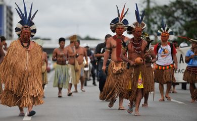 Uma delegação de indígenas da Bahia, composta por povos Pataxó, Pataxó Hahãehãe, Kaimbé, Kariri e Tupinambá, fazem protesto na Esplanada dos Ministérios (Marcello Casal Jr/Agência Brasil)