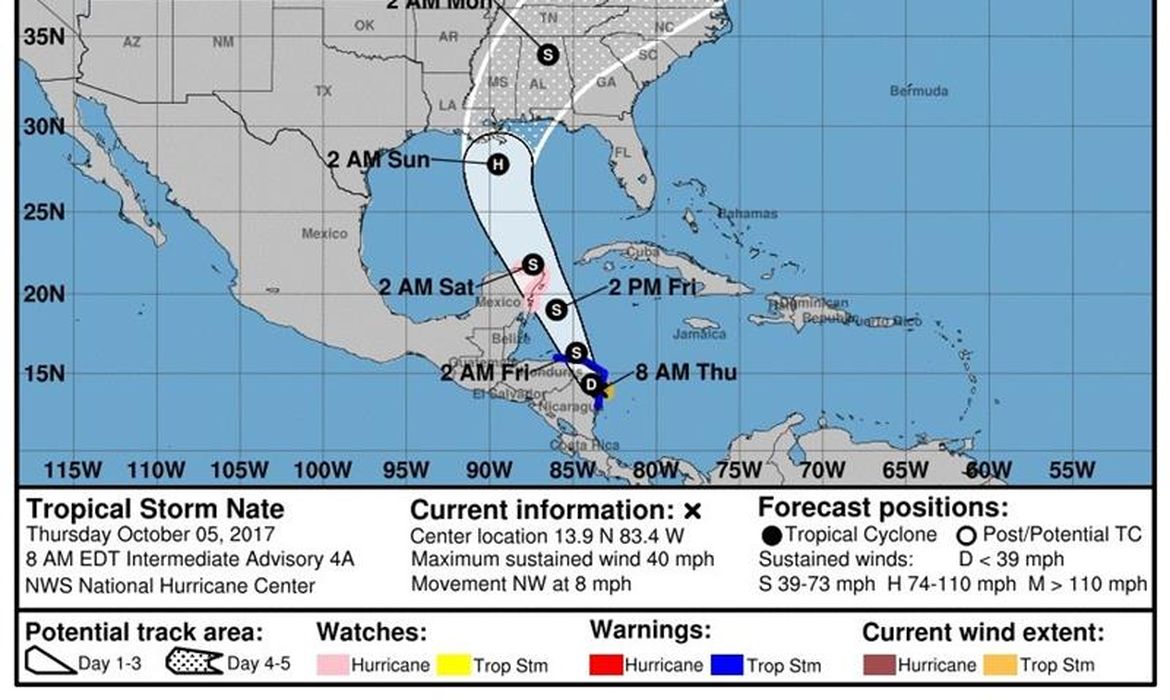 As projeções indicam que Nate se deslocará para o norte através do litoral caribenho da América Central e do México e pode se transformar em furacão no sábado