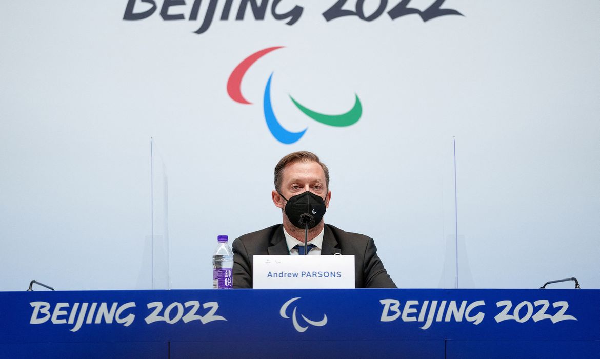 Presidente do Comitê Paralímpico Internacional, Andrew Parsons, durante entrevista coletiva em Pequim