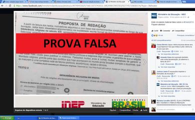 A imagem com o título “Prova Falsa” foi publicada em outubro do ano passado no Facebook do Ministério da Educação para desmentir boatos de vazamento da prova do Enem de 2015