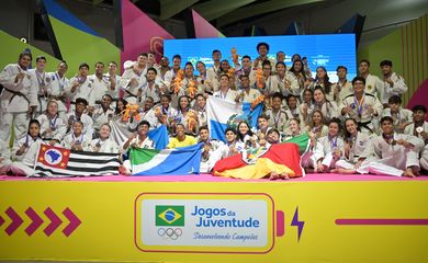 08.09.2023 - Jogos da Juventude 2023 - Ribeirao Preto (SP) - de 01 a 16 de Setembro. 
Podio do Judo Equipe, no Centro de Convivência dos Jogos. 
Foto: Washington Alves/COB