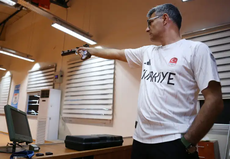 Turkish shooter Yusuf Dikec, who won the silver in the mixed team 10-meter air pistol event in Paris 2024 Olympics combined with Sevval Ilayda Tarhan, is pictured during a training in Ankara, Turkey, August 8, 2024. REUTERS/Cagla Gurdogan