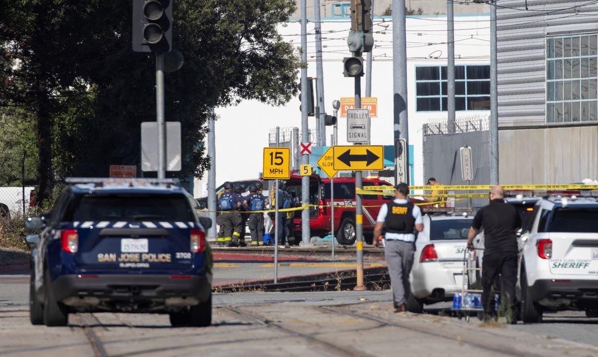 Police secure the scene of a mass shooting in San Jose
