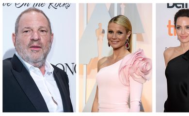 Mix de fotografías de arquivo que mostram o produtor Weinstein e as atrizes Gwyneth Paltrow (centro) e Angelina Jolie