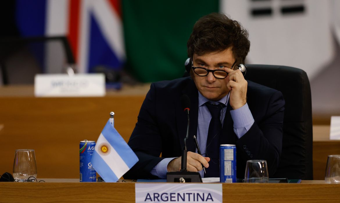 Rio de Janeiro(RJ), 18/11/2024 - O presidente da Argentina, Javier Milei, participa da plenária sobre reforma das instituições no G20.  Foto: Tânia Rêgo/Agência Brasil