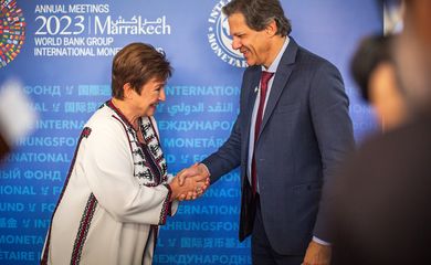 12/10/2023, O ministro da Fazenda, Fernando Haddad, durante reunião bilateral com Kristalina Georgieva, Diretora-Geral do FMI. Foto: Diogo Zacarias/MF