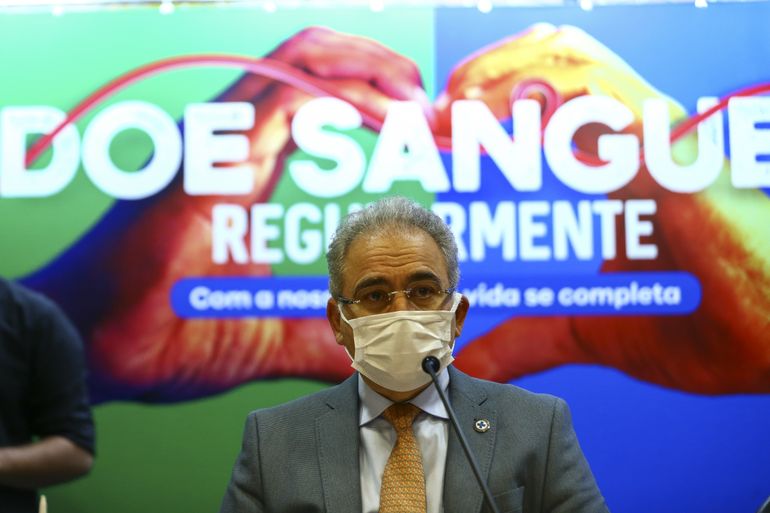 O ministro da Saúde, Marcelo Queiroga, durante o lançamento da campanha de doação de sangue no Dia Mundial do Doador de Sangue.