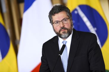 O  ministro das Relações Exteriores, Ernesto Araújo, durante declaração à imprensa, no Palácio Itamaraty.