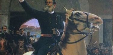 Marechal Deodoro da Fonseca montado em cavalo em pintura Proclamação da República, por Henrique Bernardelli