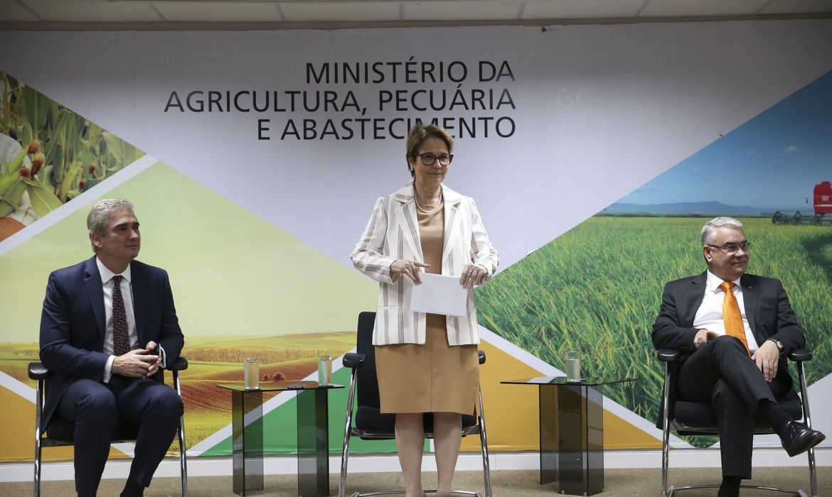 A ministra da Agricultura, Pecuária e Abastecimento, Tereza Cristina, acompanhada do secretário-executivo, Marcos Montes, abre a Reunião de Vice-Ministros de Agricultura do Brics