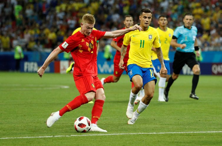Copa 2018: Brasil e Bélgica. Kevin De Bruyne marca o segundo gol da Bélgica.