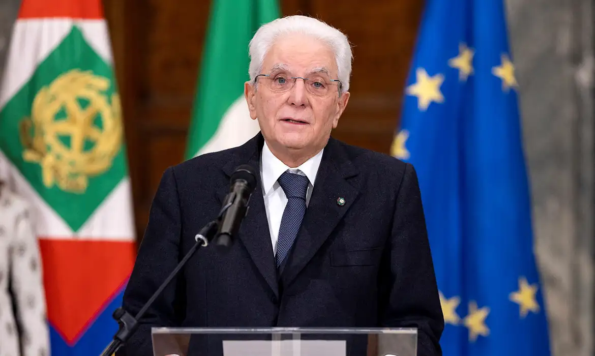 Italian President Sergio Mattarella gives a speech after being re-elected by lawmakers for a second term, in Rome, Italy January 29, 2022. Italian Presidency/Paolo Giandotti/Handout via REUTERS THIS IMAGE HAS BEEN SUPPLIED BY A THIRD PARTY.