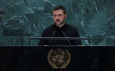 Presidente da Ucrânia, Volodymyr Zelenskiy, durante discurso na Assembleia Geral da ONU, em Nova York, EUA
25/09/2024
Reuters/Mike Segar/Proibida reprodução