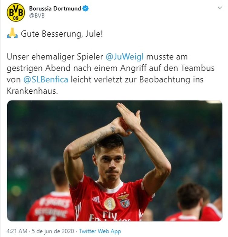 Twitter / Borussia Dortmund Borussia Dortmund publicou mensagem de apoio ao jogador Weigl