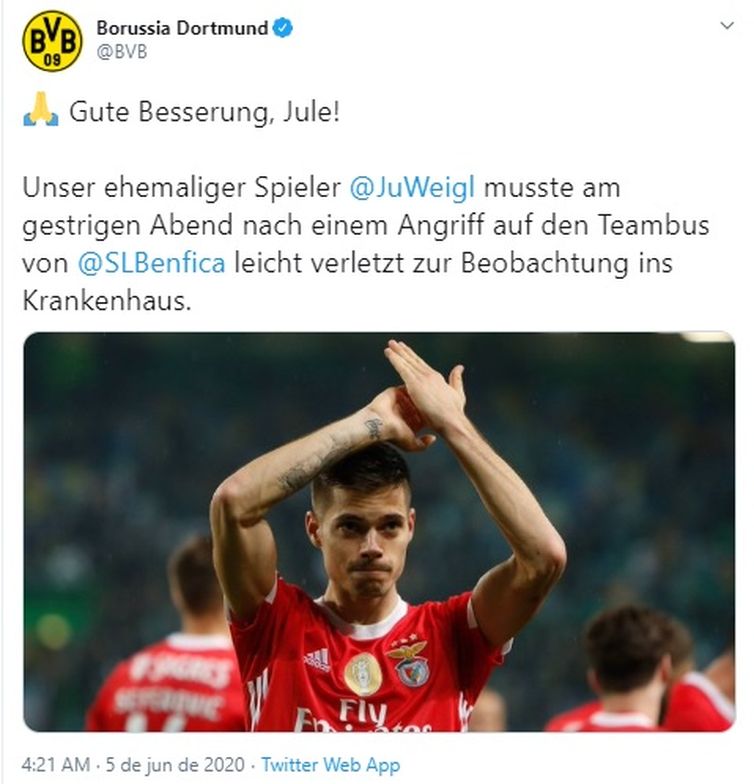 Borussia Dortmund publicou mensagem de apoio ao jogador Weigl