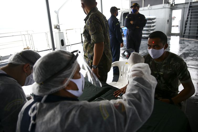 Militares passam por avaliação de saúde e prevenção contra a Covid19 no Navio Auxiliar Pará.
